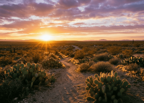 Winding dirt path through desert cacti under a vibrant purple and orange sunset sky.