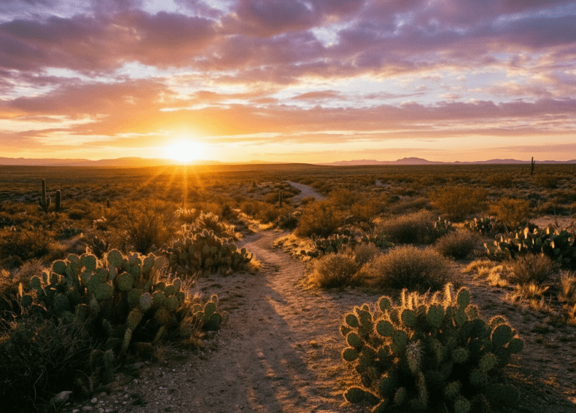 Winding dirt path through desert cacti under a vibrant purple and orange sunset sky.